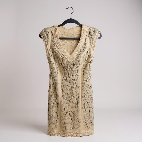 Sue Wong Dress Ivory Embroidered Beaded Leaf Pattern Sleeveless V-Neck 0 - Picture 1 of 12